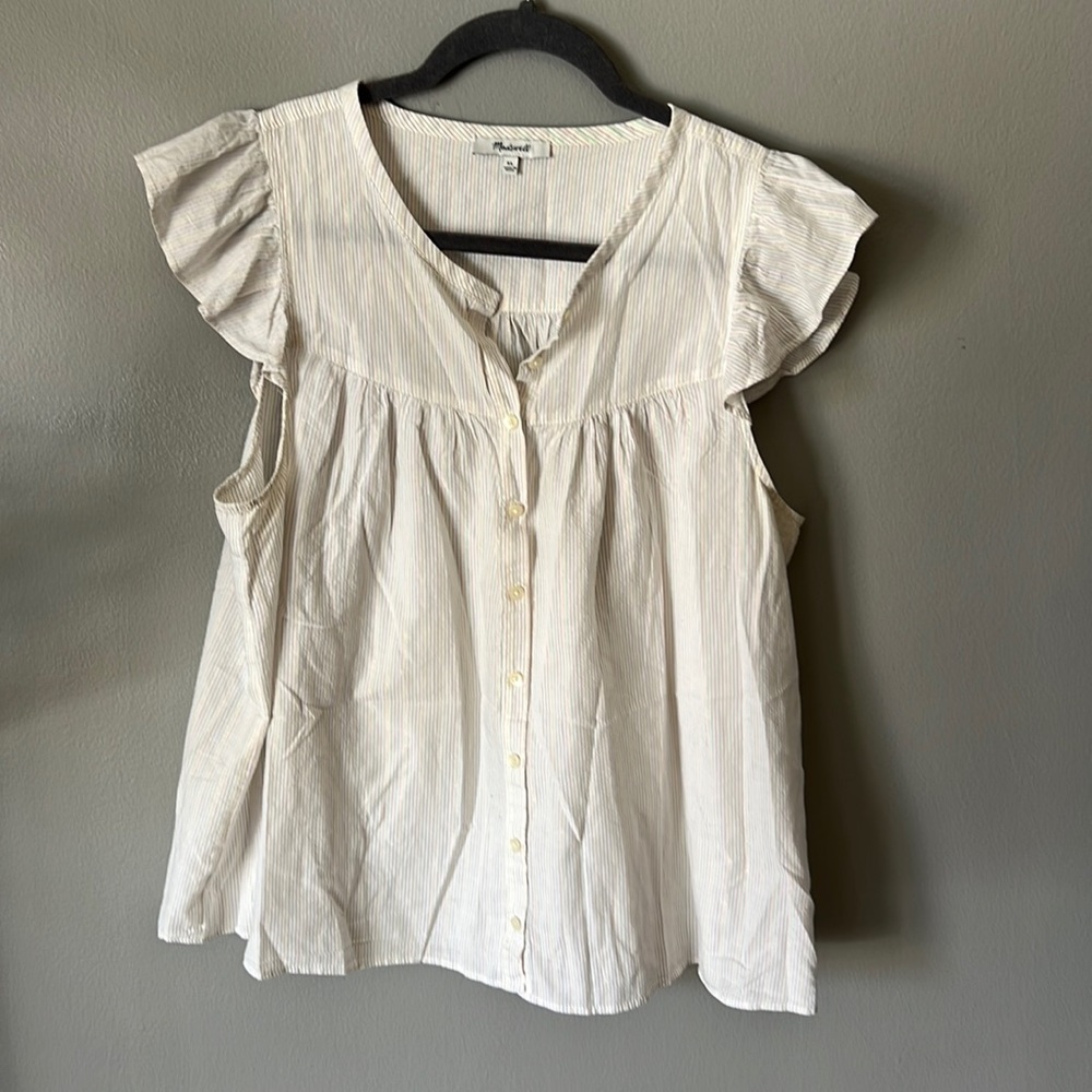 Madewell Womens Rainbow Metallic Stripe Button Up Top Shirt SZ XL White Ruffles
